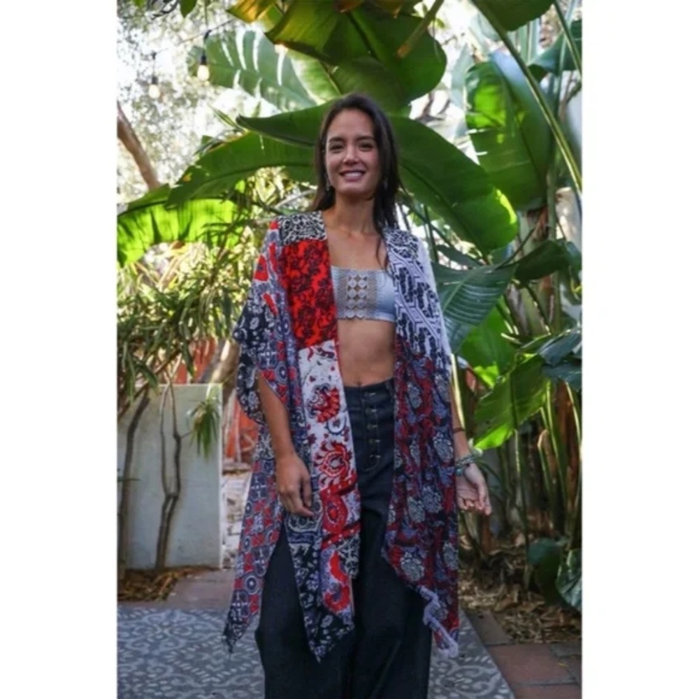 Red Boho Patchwork Floral Bohemian Kimono Wrap Coverup Open Top Casual Spring